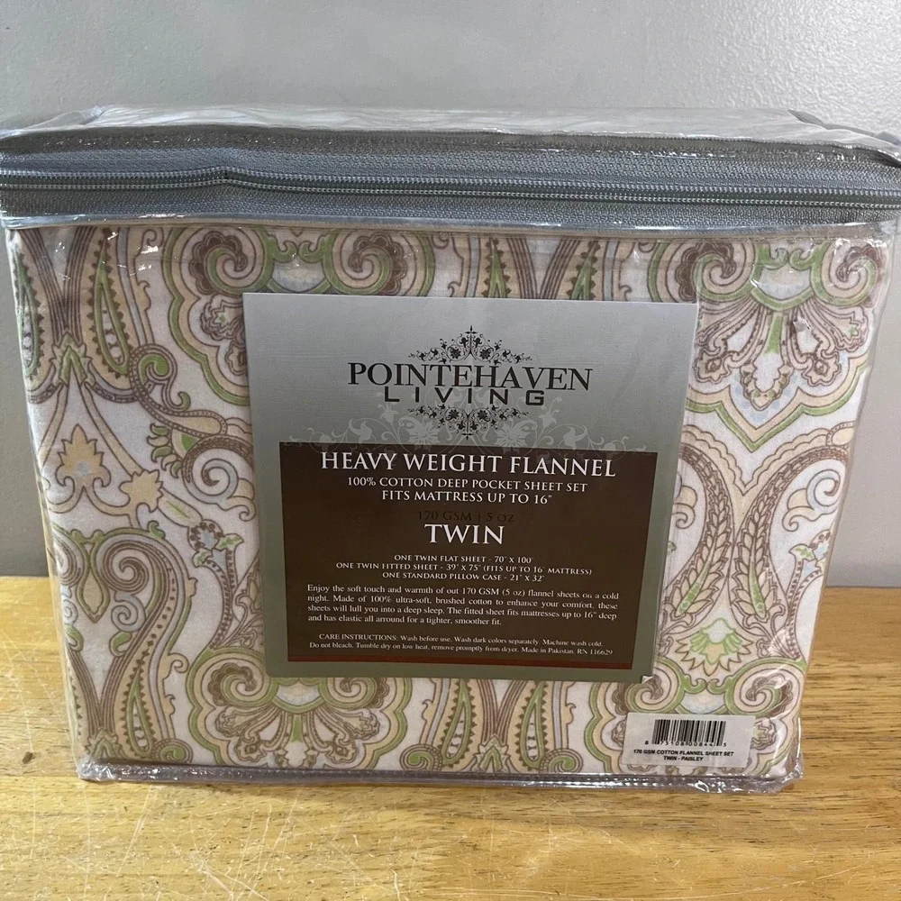 Pointehaven Living Twin Flannel Sheet Set Paisley 100% Cotton 170 GSM Green